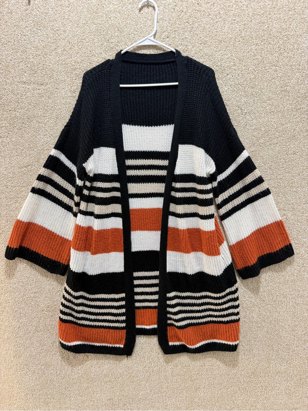 Flawed fall knit cardigan medium large stripe black orange white pockets lounge